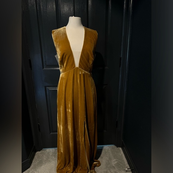 Brown and Yellow Plunge Neck Sleeveless Gown - Picture 1 of 6
